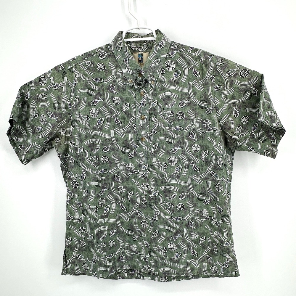Vintage Kahala Hawaiian Islands Mens L Fish Print Button Down Shirt 100 Cotton
